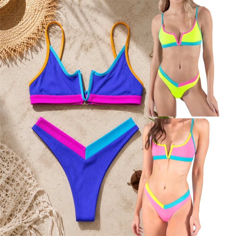 ONEONE Swimwear Colorblock Ribbed Bikini Set Blue Pink Yellow Womens Large